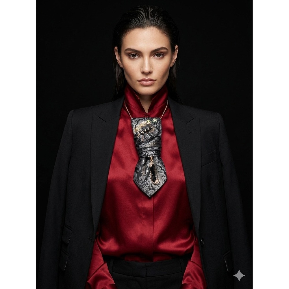 Sean John Paisley Silk Tie Statement Necklace with Rhinestone Stiletto Charm